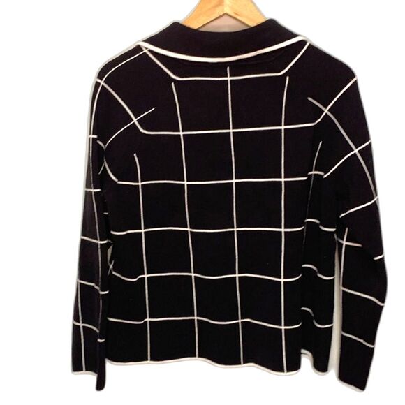 Mercer & Madison Black Ivory Windowpane Knit Sweater Lady Jacket Cardigan Size L - Picture 5 of 9